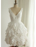 V Neckline Ivory Taffeta Ruffle Skirt Knee Length Wedding Dress